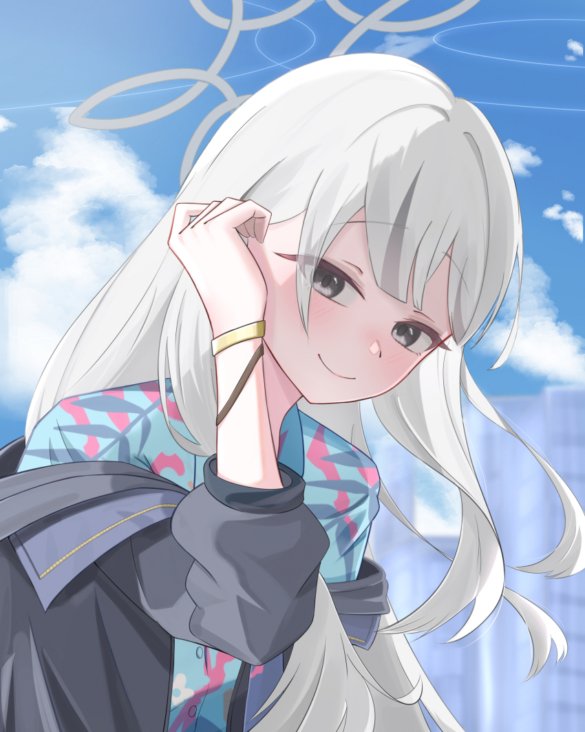 1girl adjusting_hair black_eyes black_jacket blue_archive blue_shirt blunt_bangs blush bracelet closed_mouth commentary day dere_mono_j floating_hair grey_hair grey_halo halo hand_up hawaiian_shirt heart highres jacket jacket_partially_removed jewelry konoka_(blue_archive) leaning_forward long_hair looking_at_viewer open_clothes open_jacket outdoors shirt sidelighting smile solo spoken_heart upper_body
