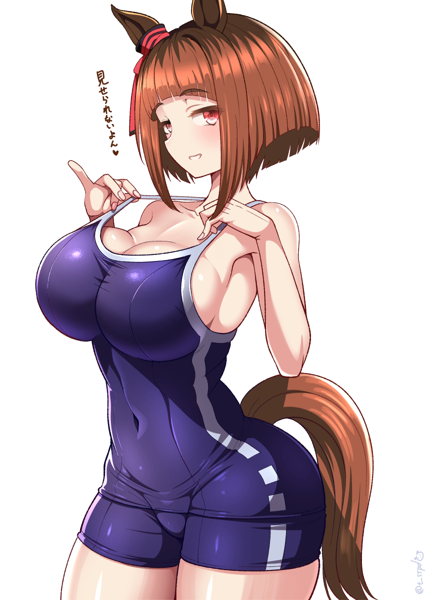1girl absurdres animal_ears bare_shoulders blue_one-piece_swimsuit breasts brown_hair cleavage commentary_request competition_school_swimsuit covered_navel cowboy_shot ear_ornament grin highres horse_ears horse_girl horse_tail large_breasts no_eyewear one-piece_swimsuit red_eyes school_swimsuit sekai_saisoku_no_panda short_hair simple_background smile solo swimsuit tail tracen_swimsuit transcend_(umamusume) translation_request umamusume white_background