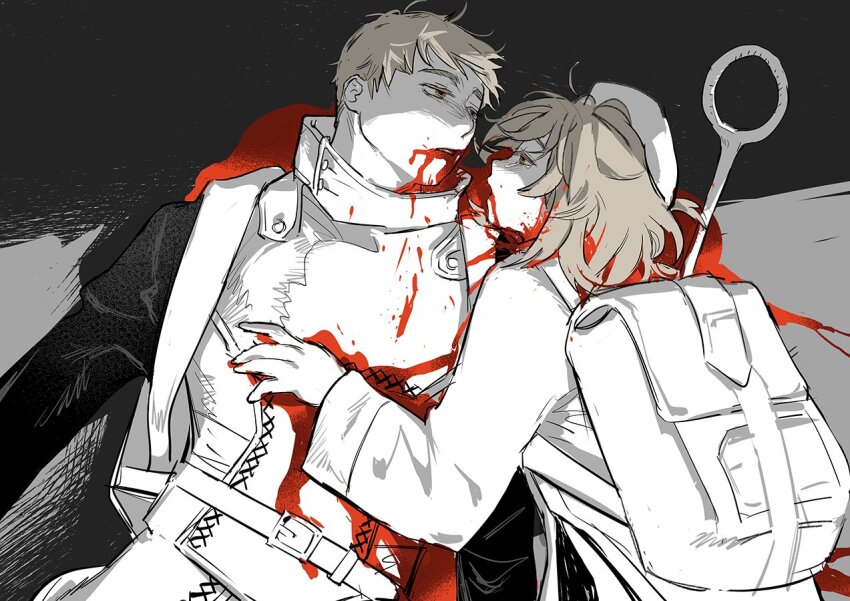 1boy 1girl aged_down armor backpack bag belt bleeding blood blood_from_mouth blood_on_clothes blood_on_face blood_on_ground brother_and_sister brown_eyes dungeon_meshi dying falin_touden falin_touden_(tallman) grey_hair hat jacket laios_touden leather_armor long_sleeves lying on_back on_side open_mouth partially_submerged saiko67 short_hair siblings spoilers staff tearing_up upper_body yellow_eyes