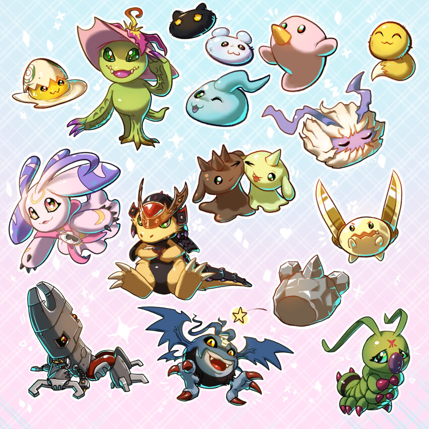 botamon chicomon chocomon claws digicore_interface digimon digimon_(creature) flower goromon gummymon highres kokuwamon lunamon monster_girl palmon petals picodevimon plant_girl pururumon relemon ryudamon sakuttomon sharp_teeth teeth wormmon yolkmon yukimibotamon yuramon