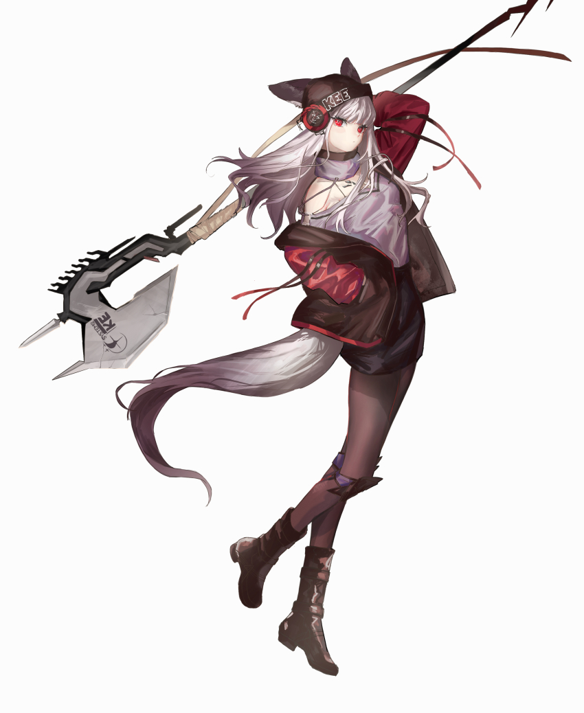 1girl absurdres animal_ears arknights arm_over_head axe beanie black_pantyhose black_skirt boots coat commentary_request detached_collar detached_sleeves ears_through_headwear fox_ears fox_girl fox_tail frostleaf_(arknights) full_body grey_hair grey_shirt hand_in_pocket hat highres holding holding_axe holding_polearm holding_weapon long_hair long_sleeves looking_at_viewer material_growth miniskirt off-shoulder_shirt off_shoulder oripathy_lesion_(arknights) oversized_clothes pantyhose polearm red_coat red_eyes sawatani_(_swt2) shirt simple_background skirt solo tail weapon white_background wind wind_lift