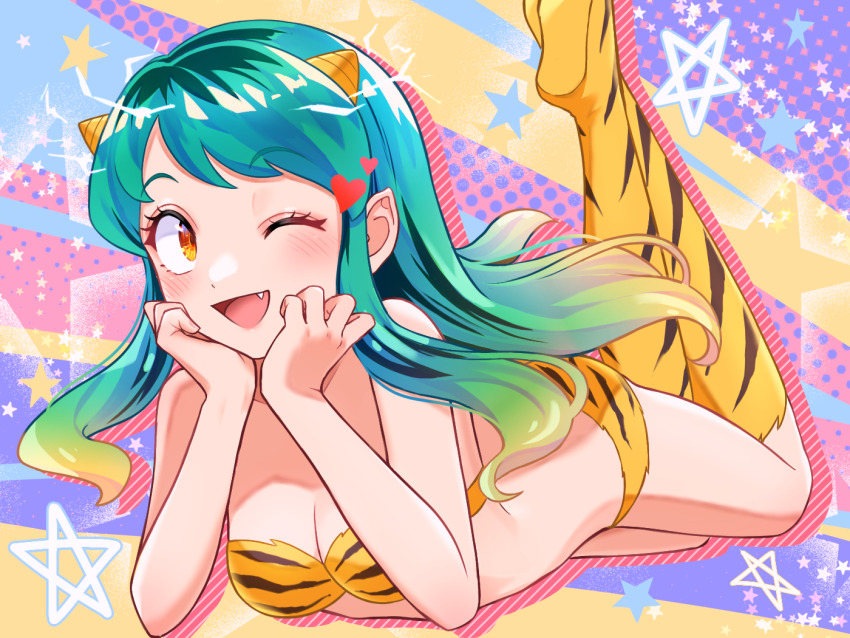1girl blush boots breasts cleavage commentary_request cone_horns fang green_hair hands_on_own_cheeks hands_on_own_face heart horns legs_up long_hair looking_to_the_side lum lying nashinome_(y5wlht) on_stomach one_eye_closed open_mouth orange_eyes panties smile solo star_(symbol) strapless the_pose tube_top underwear urusei_yatsura