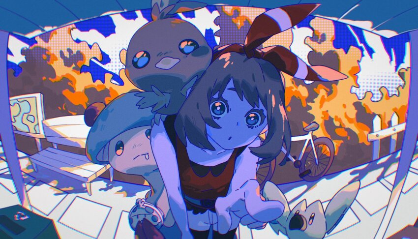 1girl :3 :o bandana bike_shorts bird black_leggings blue_eyes breloom brown_hair drooling eyelashes gen_3_pokemon hairband highres leggings looking_at_viewer may_(pokemon) nintendo outdoors pokemon pokemon_(creature) pokemon_oras red_hairband red_shirt shirt sleeveless standing tank_top torchic wingull wulie_errr