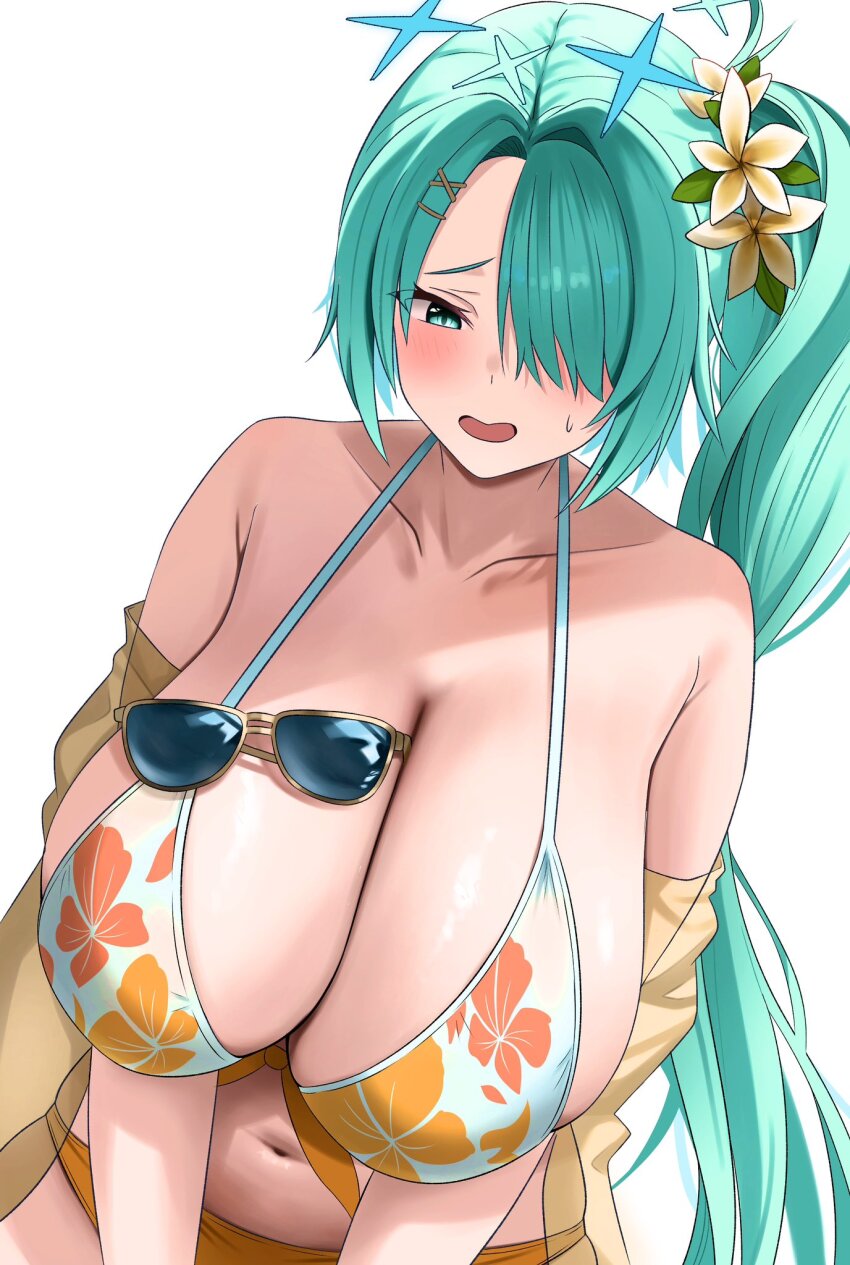 1girl aqua_eyes aqua_hair bikini blue_archive blush breasts cleavage floral_print floral_print_bikini flower flower_on_head hair_ornament hair_over_one_eye hairclip halo highres hiyori_(blue_archive) hiyori_(swimsuit)_(blue_archive) huge_breasts long_hair mmm_(mmm22) navel off-shoulder_shirt off_shoulder one_eye_covered open_clothes open_mouth open_shirt orange_bikini print_bikini shirt side_ponytail solo sunglasses sunglasses_removed sweat swimsuit toudou_(omiseyasan_22) very_long_hair white_background