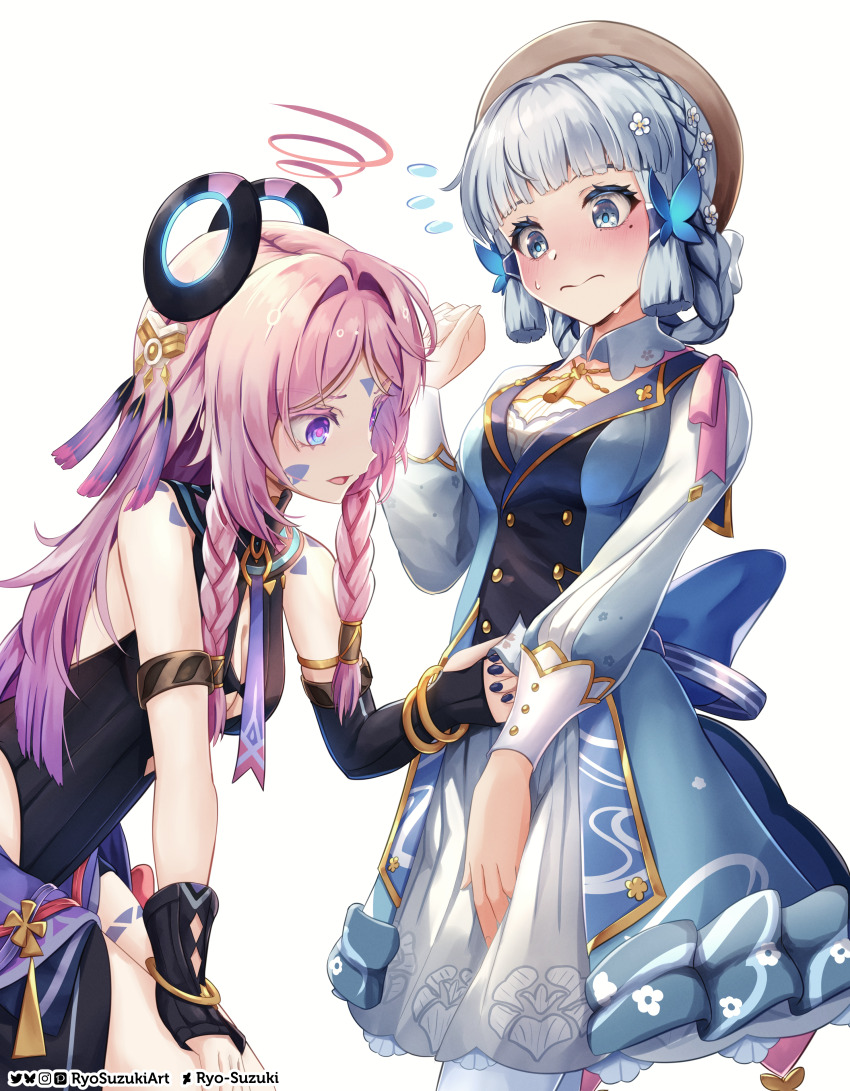 2girls absurdres ayaka_(genshin_impact) bare_shoulders black_leotard blue_dress blue_eyes blue_hair blunt_bangs blush braid breasts butterfly_hair_ornament citlali_(genshin_impact) commentary_request dress facial_mark flower flustered flying_sweatdrops forehead_mark genshin_impact gloves hair_flower hair_ornament hat highres jewelry kamisato_ayaka kamisato_ayaka_(springbloom_missive) leotard long_hair long_sleeves looking_at_another looking_at_viewer medium_breasts mixed-language_commentary mole mole_under_eye multicolored_hair multiple_girls official_alternate_costume official_alternate_hairstyle open_mouth partial_commentary pink_hair pink_pupils puffy_long_sleeves puffy_sleeves ryo-suzuki solo triangle triangle_facial_mark twin_braids very_long_hair wavy_mouth white_background