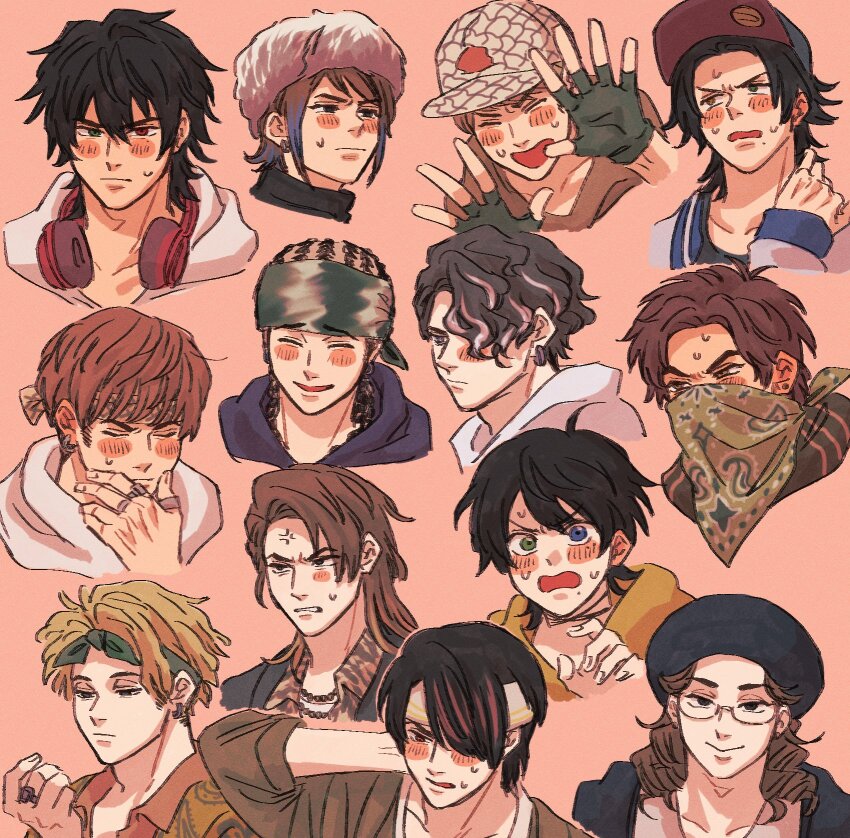 6+boys :&gt; ^_^ adam&#039;s_apple ahoge akune_rindo anger_vein animal_print arima_seigen asymmetrical_bangs averting_eyes bandana bandana_over_mouth baseball_cap black_eyes black_hair black_jacket blank_stare blonde_hair blue_eyes blush blush_stickers brown_eyes brown_hair brown_hoodie brown_jacket buster_bros!!! chain chain_necklace check_clothing clenched_teeth closed_eyes clothing_request collarbone collared_shirt cornrows covered_mouth cropped_shoulders curtained_hair desperado-004 douan_kazusato ear_blush earrings embarrassed expressionless film_grain fingerless_gloves fingernails flustered fur_hat furrowed_brow gloves gradient_hair green_bandana green_eyes hair_between_eyes hair_over_one_eye hand_on_own_chin hand_on_own_neck hands_up hat headphones headphones_around_neck heterochromia highres hood hoodie hoop_earrings hoozuki_jinpachi hypnosis_mic hypnosis_mic:_rule_the_stage jacket jewelry jikuuin_joubu jitome kokuri_ryouzan komagata_masamune layered_shirt letterman_jacket light_frown looking_at_viewer male_focus medium_hair mole mole_under_eye mole_under_mouth multicolored_hair multiple_boys multiple_moles multiple_rings necklace north_bastard onigawara_bombers open_hand open_mouth parted_bangs partially_unbuttoned peanut_mouth pink_background portrait purple_hoodie raised_eyebrows raised_inner_eyebrows red_eyes ring sanagi_kenei senzankou25 shirt short_hair shy sideburns single_blush_sticker smile spread_fingers streaked_hair stud_earrings sweat sweatdrop swept_bangs tareme teeth thick_eyebrows three-quarter_sleeves thumb_ring tiger_print tsurime turtleneck u_u undercut v-shaped_eyebrows wavy_hair white_hoodie wispy_bangs yagasaki_ibuki yamada_ichiro yamada_jiro yamada_saburo yellow_eyes yellow_hoodie yellow_jacket yougou_doushirou