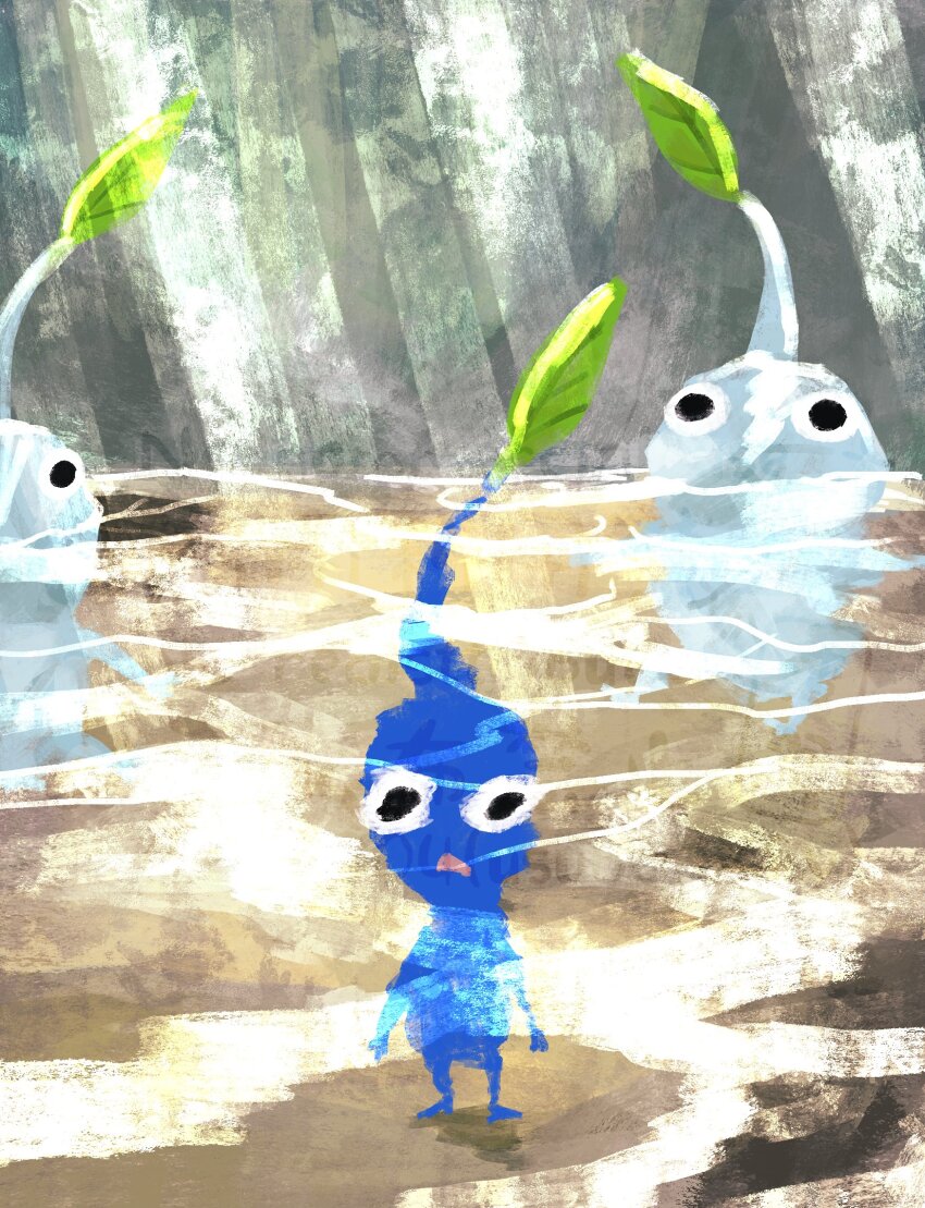 3others blue_pikmin facing_viewer full_body highres ice_pikmin leaf looking_at_viewer multiple_others nintendo open_mouth outdoors partially_submerged pikmin_(creature) pikmin_(series) pikmin_4 usuba_(hatomugip) water