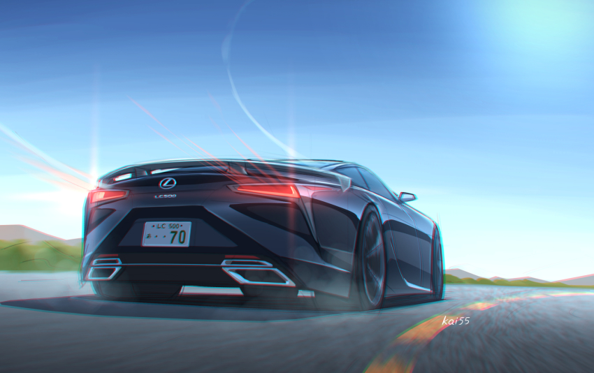 artist_name car driving from_behind kai55 lexus lexus_lc license_plate logo motor_vehicle no_humans original road vehicle_focus