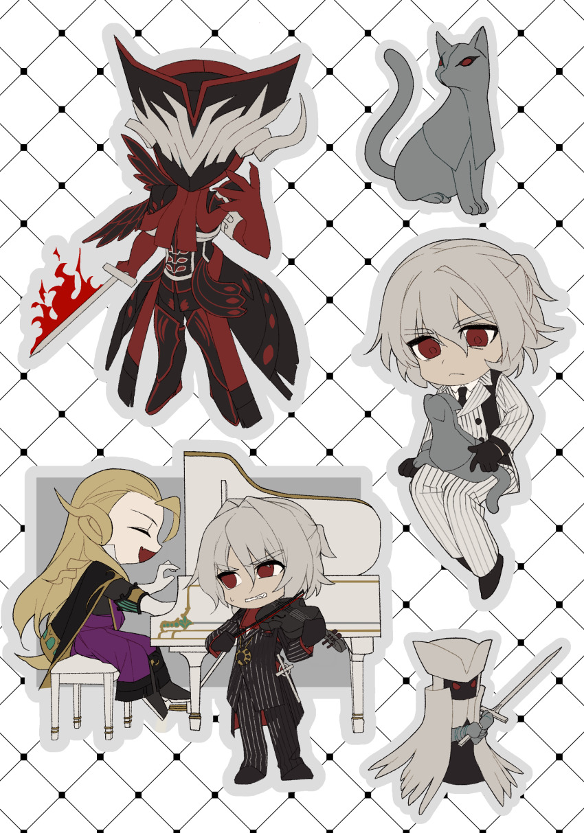 2boys :&lt; :d absurdres alternate_costume antonio_salieri_(fate) antonio_salieri_(first_ascension)_(fate) antonio_salieri_(second_ascension)_(fate) armor ascot black_boots black_coat black_gloves black_jacket black_necktie black_pants black_shoes blonde_hair boots bow_(music) buttons cat chibi clenched_teeth closed_eyes closed_mouth coat coat_on_shoulders collared_shirt commentary curly_hair double-breasted elbow_gloves english_commentary fang fate/grand_order fate_(series) fire flaming_sword flaming_weapon frown full_body furrowed_brow gloves grey_cat grey_hair grey_outline grid_background hair_between_eyes hair_intakes half_updo hand_up highres holding holding_bow_(music) holding_instrument holding_sword holding_violin holding_weapon instrument invisible_chair jacket knife legs_together long_hair long_sleeves looking_at_another male_focus mask medallion multiple_boys multiple_views music necktie open_mouth outline pants piano piano_bench pinstripe_jacket pinstripe_pattern playing_instrument playing_piano purple_pants red_ascot red_eyes red_gloves shirt shoes short_hair simple_background sitting skin_fang smile stole striped_clothes striped_jacket striped_pants sweat sword teeth the_man_in_grey_(fate) v-shaped_eyebrows vertical-striped_clothes vertical-striped_jacket vertical-striped_pants violin weapon white_background white_coat white_gloves white_jacket white_pants white_shirt wing_collar wolfgang_amadeus_mozart_(fate) yukkuri_(fumoyun)