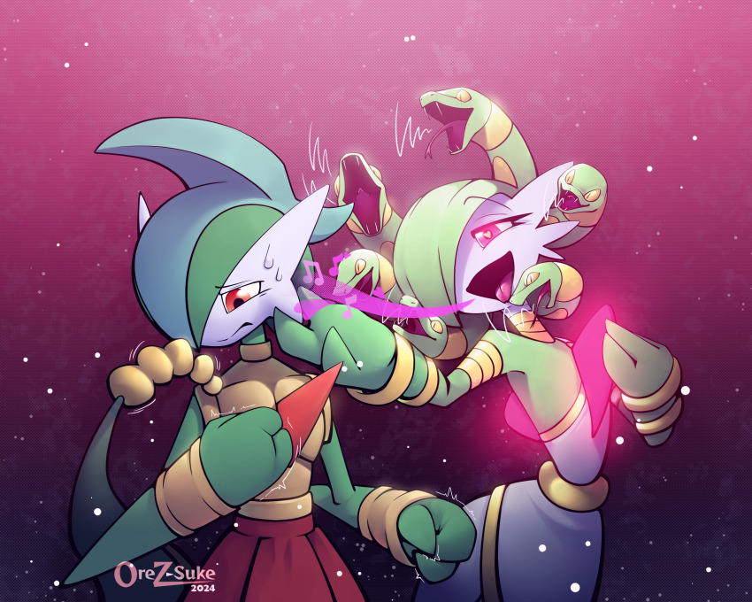 armor colored_skin commission ekans fangs gallade gardevoir gen_1_pokemon gen_3_pokemon gen_4_pokemon green_hair green_skin hair_over_one_eye highres jewelry multicolored_skin nintendo open_mouth orez-suke pink_background pink_eyes pokemon pokemon_(creature) pokemon_infinite_fusion smile snake snake_hair sweatdrop two-tone_skin white_skin