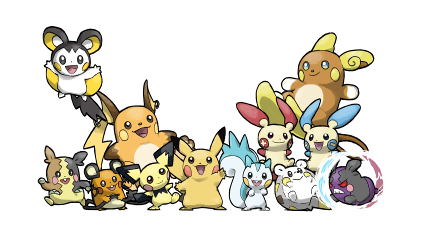:&gt; :3 :d alolan_form alolan_raichu animal_focus arms_up aura_wheel_(pokemon) blacknirrow blue_eyes closed_mouth dedenne dot_nose emolga floating flying game_freak gen_1_pokemon gen_2_pokemon gen_3_pokemon gen_4_pokemon gen_5_pokemon gen_6_pokemon gen_7_pokemon gen_8_pokemon highres holding_own_tail minun minus_sign mixed-language_commentary morpeko morpeko_(full) morpeko_(hangry) nintendo no_humans open_mouth pachirisu pichu pikachu plus_sign plusle pokemon pokemon_(creature) pokemon_focus pokemon_move raichu red_eyes simple_background smile standing standing_on_one_leg tail teeth trait_connection upper_teeth_only waving white_background