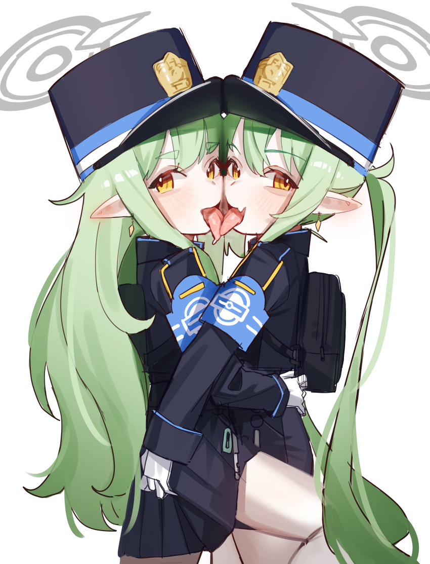 2girls absurdres armband backpack bag black_hat black_jacket black_skirt blue_archive blue_armband commentary_request earrings french_kiss gloves green_hair hat highres hikari_(blue_archive) holypotato0 incest jacket jewelry kiss korean_commentary long_hair long_sleeves multiple_girls nozomi_(blue_archive) open_mouth pantyhose peaked_cap pointy_ears siblings simple_background sisters skirt tongue tongue_out very_long_hair white_background white_gloves white_pantyhose yellow_eyes yuri