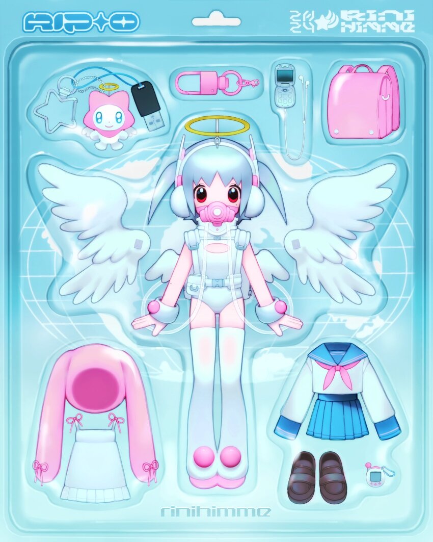 1girl angel apollo_(rinihimme) backpack bag cellphone character_name charm_(object) doll dress earphones figure flip_phone grey_hair halo headphones highres leotard mask original phone randoseru red_eyes respirator ri2.0_(rinihimme) rinihimme school_uniform serafuku short_hair short_twintails tamagotchi tamagotchi_(virtual_pet) tamagotchi_plus toy toy_packaging traditional_halo twintails usb virtual_pet_(toy) white_leotard wings