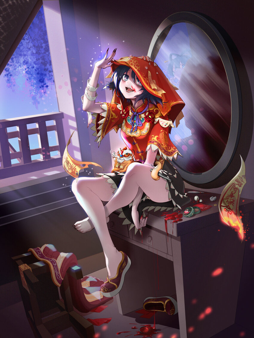 2girls absurdres arm_up black_nails black_skirt blood blood_on_face blue_eyes blue_hair breasts chinese_clothes chinese_commentary colored_skin commentary_request embers fence fingernails flower full_body highres indoors jiangshi kaku_seiga looking_to_the_side medium_breasts mirror miyako_yoshika multiple_girls neck_ribbon night ofuda ofuda_removed open_mouth purple_hair purple_skin red_shirt red_shoes ribbon sharp_fingernails sharp_toenails shirt shoes short_hair short_sleeves single_shoe sitting skirt smile solo_focus tangzhuang toenails touhou wisteria yumura zhongyuan_jie