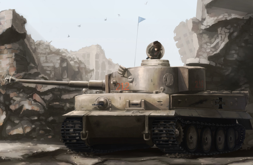 1girl absurdres binoculars bird black_hat black_jacket brown_hair building dai_toro day debris destruction emblem female_focus garrison_cap girls_und_panzer grey_sky hat highres holding holding_binoculars jacket kuromorimine_(emblem) kuromorimine_military_uniform long_sleeves military military_hat military_uniform military_vehicle motor_vehicle nishizumi_maho outdoors sky solo tank tiger_i vehicle_focus
