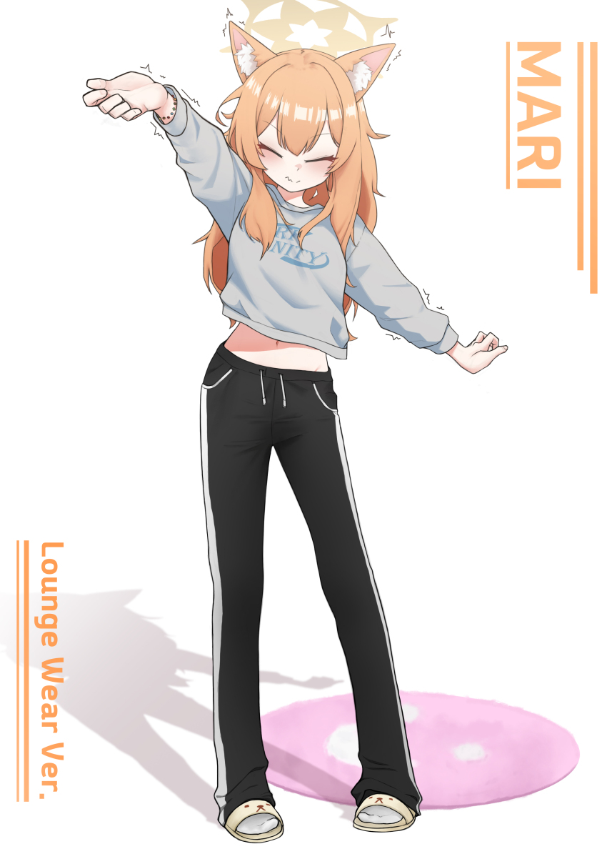 1girl absurdres alternate_costume animal_ear_fluff animal_ears black_pants blue_archive bracelet character_name closed_eyes closed_mouth commentary_request fox_ears full_body grey_hoodie halo hand_up highres hood hoodie jewelry long_hair mari_(blue_archive) midriff navel orange_hair orange_halo pants pink_carpet sandals shadow simple_background snooper socks solo wavy_mouth white_background white_socks