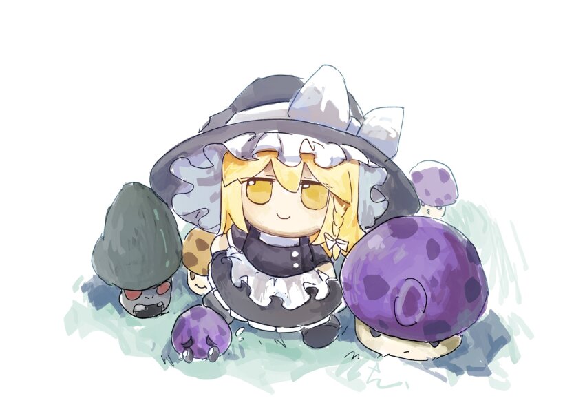 1girl apron black_hair black_skirt black_vest blonde_hair bow braid crossover from_above fume-shroom_(plants_vs._zombies) fumo_(doll) ge_dazuo hat hat_bow highres kirisame_marisa long_hair looking_at_viewer looking_up plants_vs._zombies plants_vs._zombies_hybrid puff-shroom_(plants_vs._zombies) skirt solo sun-shroom_(plants_vs._zombies) touhou vest waist_apron white_apron white_bow witch_hat yellow_eyes