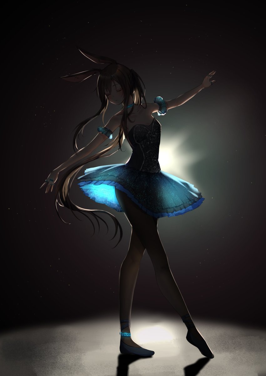 1girl absurdres alternate_costume amiya_(arknights) animal_ears arknights backlighting black_dress black_pantyhose blue_choker blue_footwear brown_hair choker closed_eyes closed_mouth collarbone commentary dancing dark_background dress female_focus flat_chest full_body gradient_background highres jewelry ku-ini long_hair outstretched_arms pantyhose plantar_flexion rabbit_ears ring see-through_clothes side_ponytail sidelocks solo strapless strapless_dress