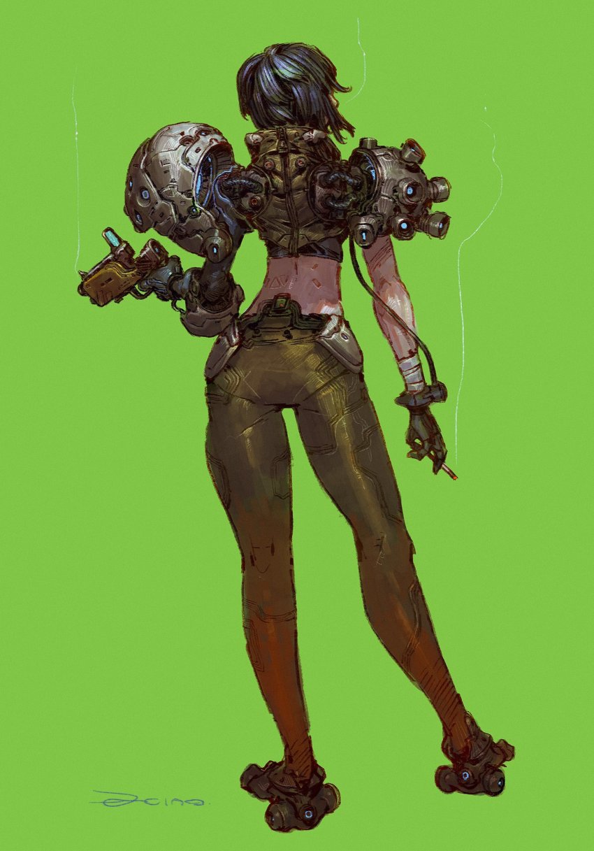 1girl armor back bandages bandaged_arm bandages black_hair cigarette cyberpunk cyborg dannoura_yuuki elbow_pads green_background gun highres holding holding_cigarette holding_gun holding_weapon making-of_available original pauldrons science_fiction short_hair shoulder_armor signature simple_background smoke solo standing weapon