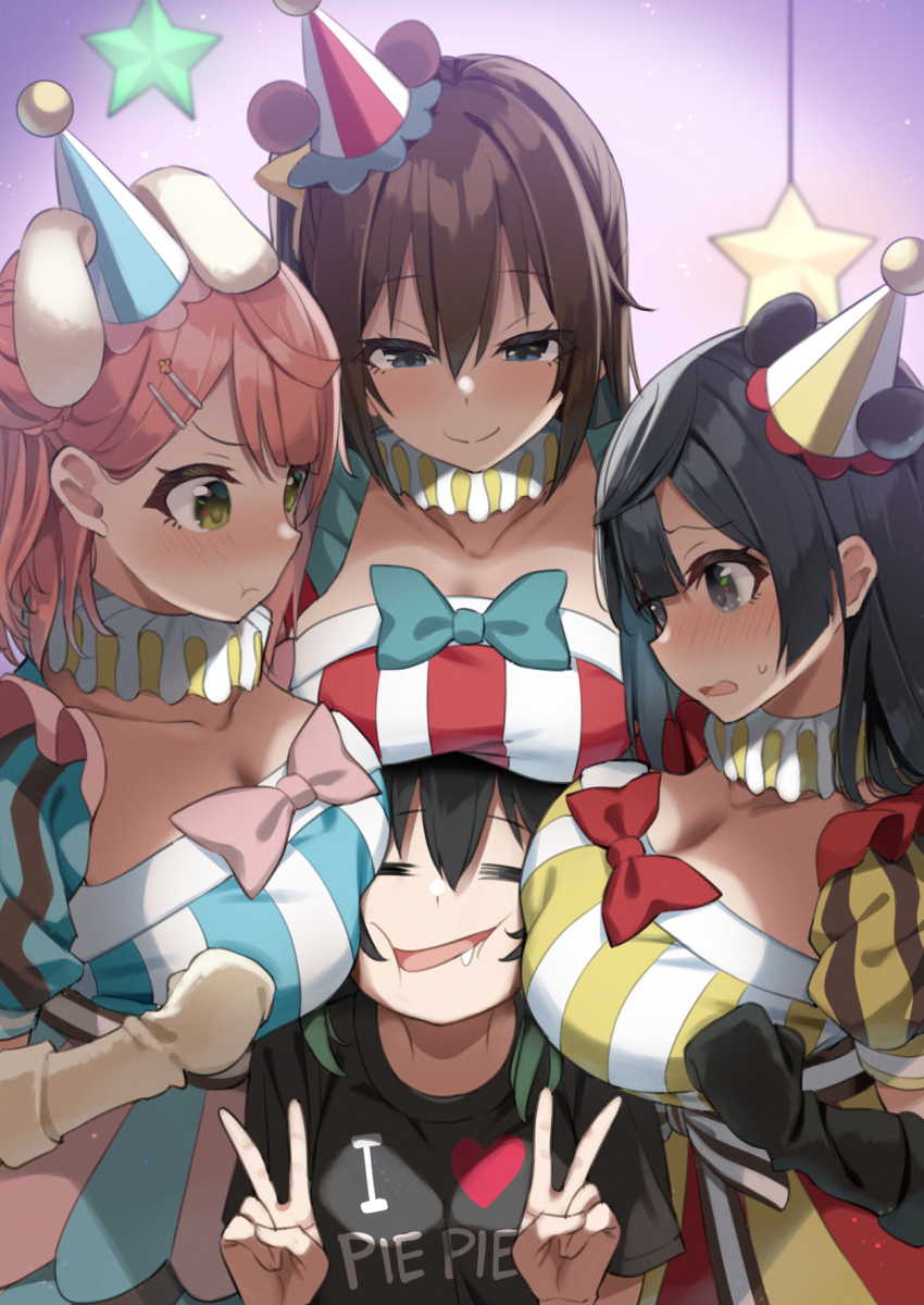4girls azuna_(love_live!) between_breasts black_hair blue_eyes breast_smother breasts brown_hair cleavage closed_eyes collarbone commentary double_v drooling embarrassed face_between_breasts face_to_breasts gradient_hair grey_eyes grey_hair head_between_breasts highres infinity!_our_wings!! large_breasts long_hair love_live! love_live!_nijigasaki_high_school_idol_club medium_hair multicolored_hair multiple_girls orange_hair osaka_shizuku pout purple_background sasanon_(sasapoliton) surrounded surrounded_by_breasts takasaki_yu uehara_ayumu upper_body v yellow_eyes yuki_setsuna yuri