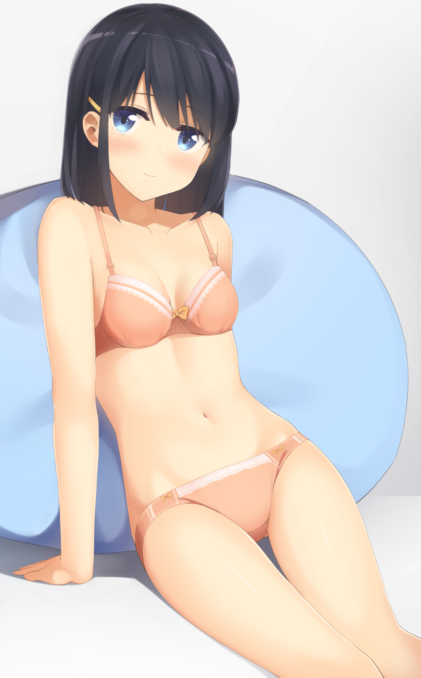 1girl apollo_(hu_maple) bean_bag_chair black_hair blue_eyes bob_cut bow bow_bra bra breasts closed_mouth commentary crotch_seam gluteal_fold hair_ornament hairclip highres leaning_back looking_at_viewer medium_hair navel orange_bra orange_panties original panties sitting small_breasts smile solo thigh_gap underwear underwear_only