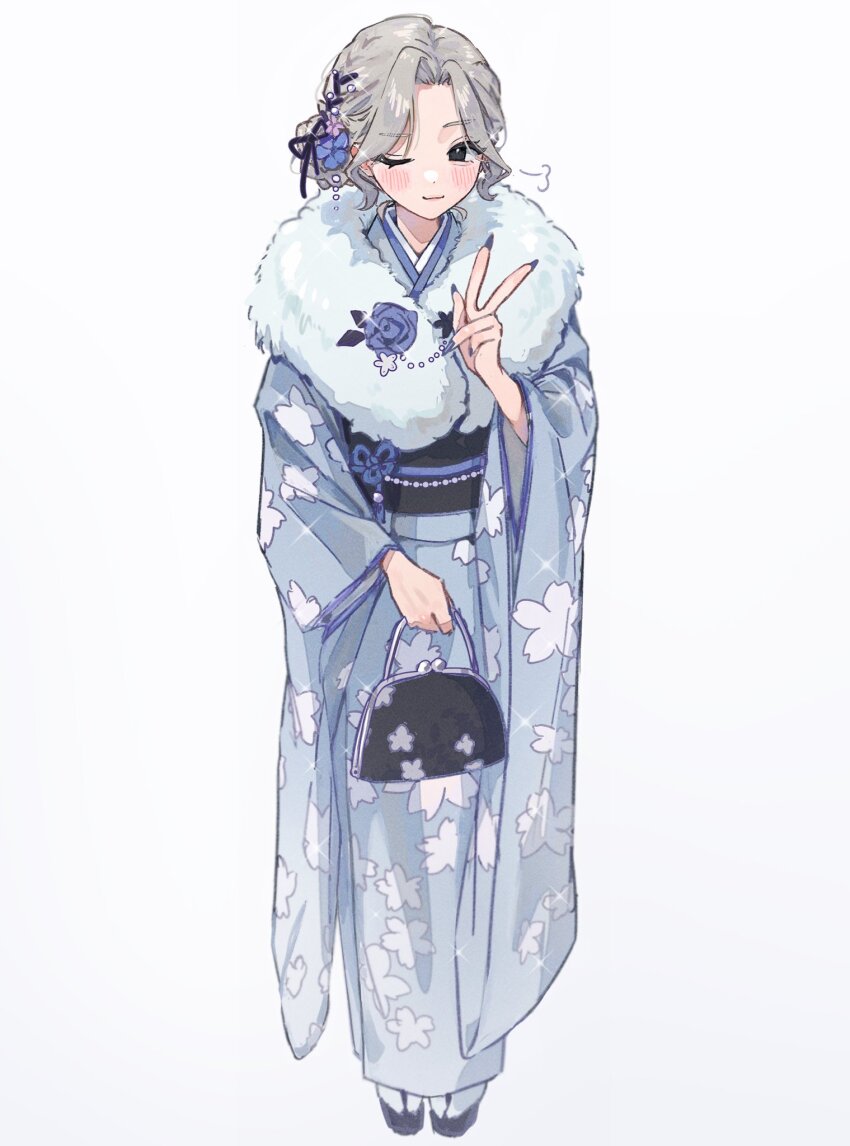 1girl 2014 2024 ;) aegyo_sal artist_progress bag before_and_after blue_kimono blush commentary comparison fingernails floral_print forehead full_body fur-trimmed_kimono fur_trim furisode grey_hair hair_bun hamafugu handbag highres holding holding_bag japanese_clothes kimono long_fingernails looking_at_viewer medium_hair multiple_views nail_polish obi one_eye_closed original sash simple_background single_side_bun smile tabi v w white_background wide_sleeves