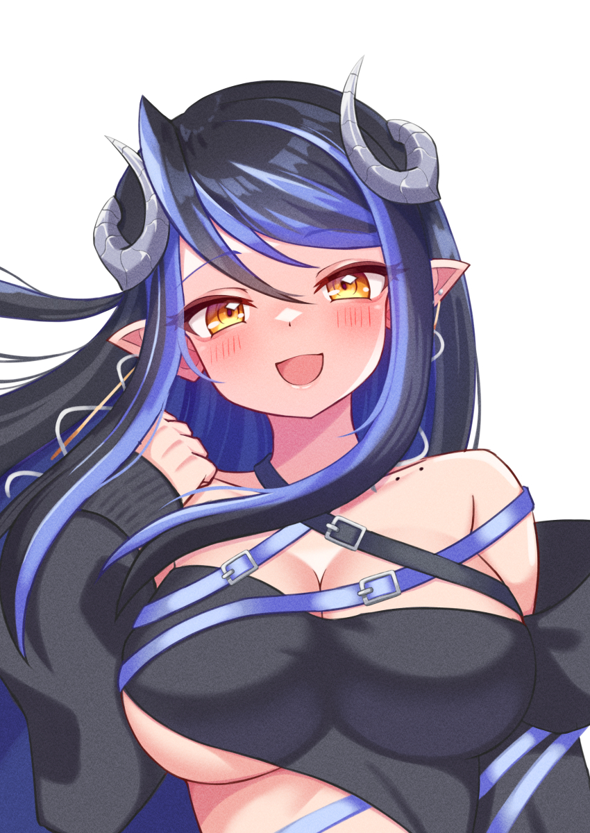 1girl absurdres bandeau belt black_bandeau black_belt black_hair black_jacket blue_belt blue_hair blush breasts chest_belt cleavage collarbone commentary_request curled_horns demon_girl demon_horns grey_horns hair_between_eyes hebiyoi_tier hebiyoi_tier_(1st_costume) highres horns jacket large_breasts long_hair long_sleeves looking_at_viewer multicolored_hair nanashi_inc. off_shoulder open_clothes open_jacket open_mouth pointy_ears sidelocks simple_background snake_bite solo two-tone_hair upper_body virtual_youtuber white_background yellow_eyes yomusu
