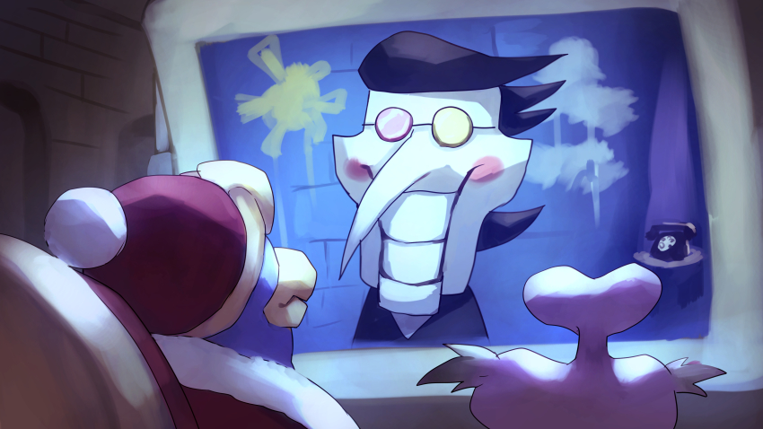 3boys absurdres antique_phone bird black_hair brick_wall colored_skin crossover deltarune escargon glasses grin heterochromatic_eyewear highres king_dedede kirby:_right_back_at_ya kirby_(series) long_nose male_focus monitor multicolor-tinted_eyewear multiple_boys nintendo penguin phone rotary_phone round_eyewear screen_light shiburingaru smile spamton_g._spamton tinted_eyewear trait_connection white_skin