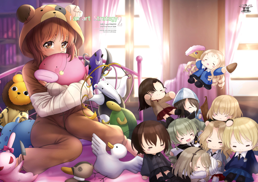 1girl anchovy_(girls_und_panzer) anglerfish animal_costume animal_hood anzio_school_uniform barefoot bc_freedom_school_uniform bear_costume bear_hood bedroom blush blush_stickers boko_(girls_und_panzer) bookshelf brown_eyes brown_hair character_doll chi-hatan_school_uniform covering_face darjeeling_(girls_und_panzer) english_text fish girls_und_panzer hood hood_up indoors katyusha_(girls_und_panzer) kay_(girls_und_panzer) keizoku_school_uniform kuromorimine_school_uniform leopon_(animal) long_sleeves looking_at_viewer marie_(girls_und_panzer) mika_(girls_und_panzer) mini_dang01 nishi_kinuyo nishizumi_maho nishizumi_miho on_bed onesie pajamas pravda_school_uniform saunders_school_uniform school_uniform short_hair sitting solo st._gloriana&#039;s_school_uniform stuffed_animal stuffed_anteater stuffed_duck stuffed_fish stuffed_hippopotamus stuffed_rabbit stuffed_shark stuffed_toy stuffed_turtle teddy_bear trait_connection window window_blinds