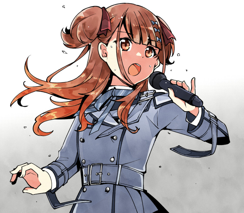 1girl 22/7 :o belt bow bowtie brown_eyes brown_hair cowboy_shot diagonal-striped_bow diagonal-striped_bowtie diagonal-striped_clothes dress fanged_bangs floating_hair grey_background grey_belt grey_dress hair_bow hair_ornament holding holding_microphone kamisama_datte_kimerarenai long_hair long_sleeves microphone music open_mouth red_bow sera_honoka shirt singing solo striped_clothes sweat teeth trefle_r two_side_up upper_teeth_only white_shirt