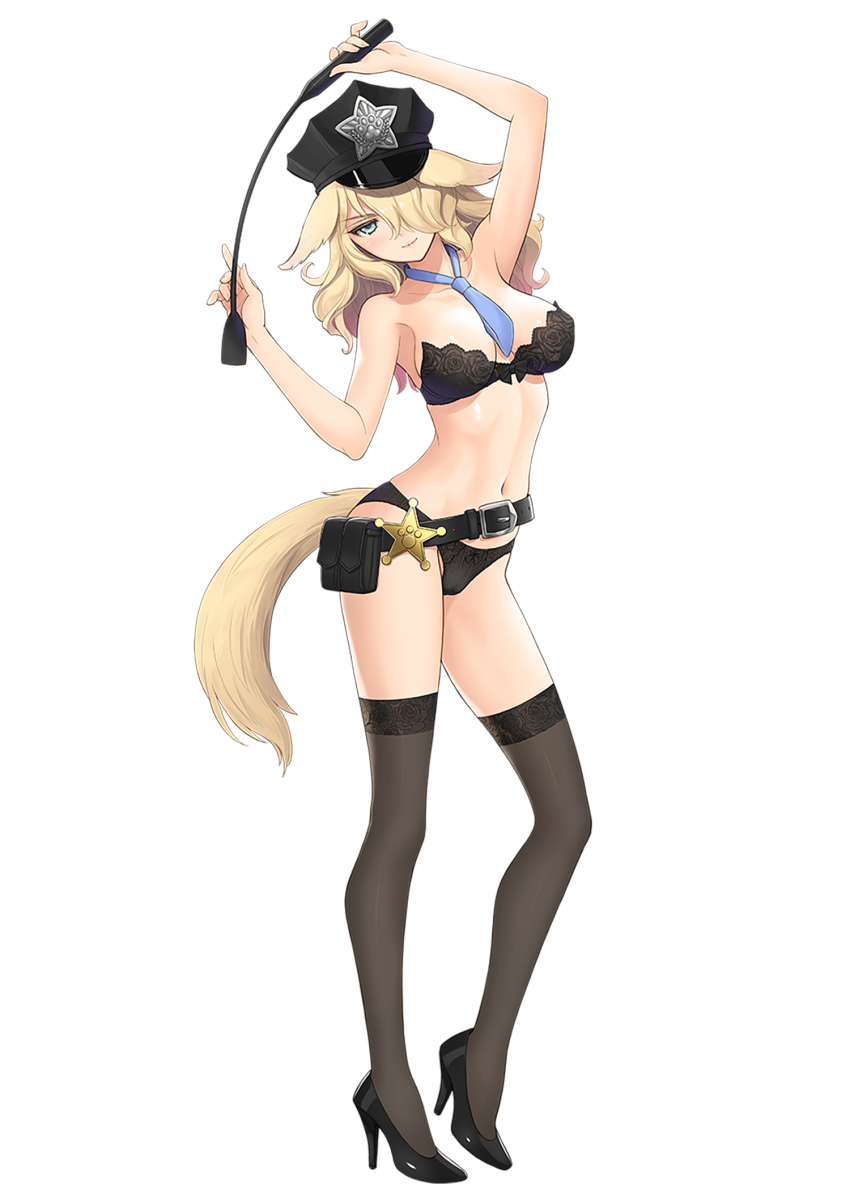 1girl animal_ears bare_arms bare_shoulders belt belt_pouch between_breasts black_footwear blonde_hair blue_eyes bra breasts closed_mouth collarbone commentary_request dog_ears dog_tail hair_over_one_eye hat high_heels highres holding light_smile lips long_hair looking_at_viewer medium_breasts navel necktie original panties peaked_cap pouch sheriff_badge simple_background solo standing star_(symbol) stomach strapless strapless_bra tail thighhighs thighs tony_taka underwear underwear_only white_background