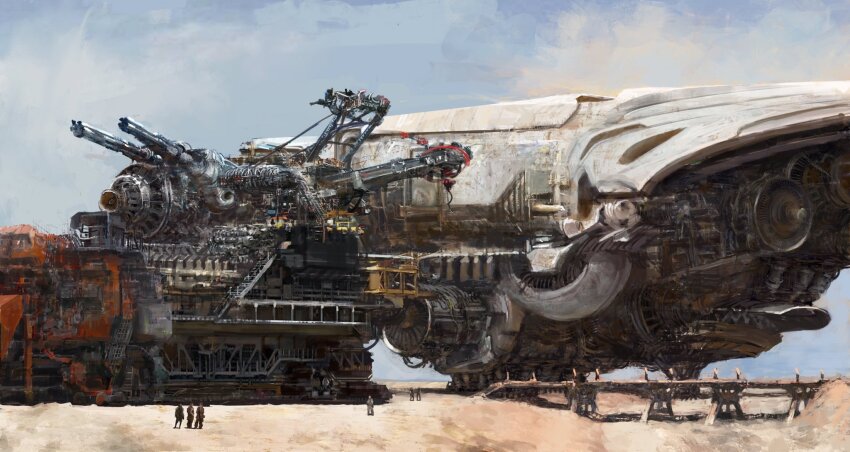 6+boys aircraft airship engine exposed_internal_machinery highres landing_gear machinery multiple_boys original railing rocket_ship science_fiction shoichi_sugano spacecraft stairs thrusters vehicle_focus