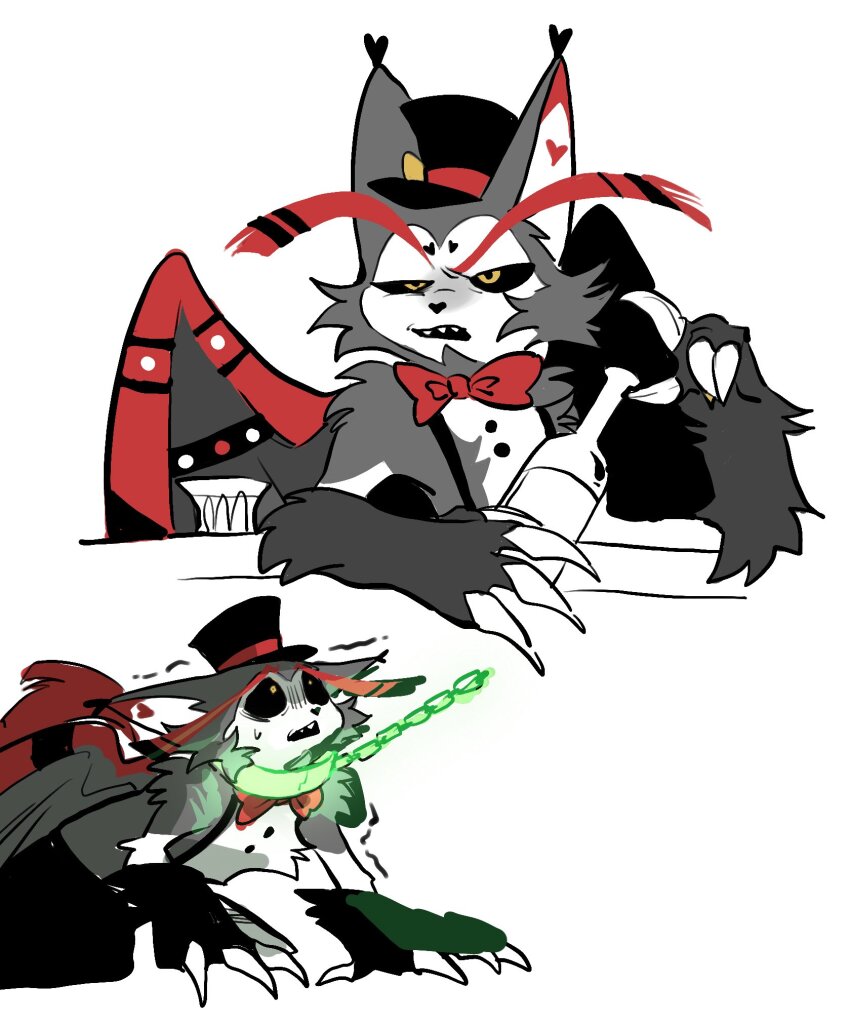 1boy all_fours animal_ears axontatsu bottle bow bowtie cat_ears chain chain_leash claws commentary english_commentary furry furry_male hat hazbin_hotel highres holding holding_bottle husk_(hazbin_hotel) leash male_focus multiple_views open_mouth red_bow red_bowtie sharp_teeth suspenders sweatdrop teeth top_hat trembling white_background wings