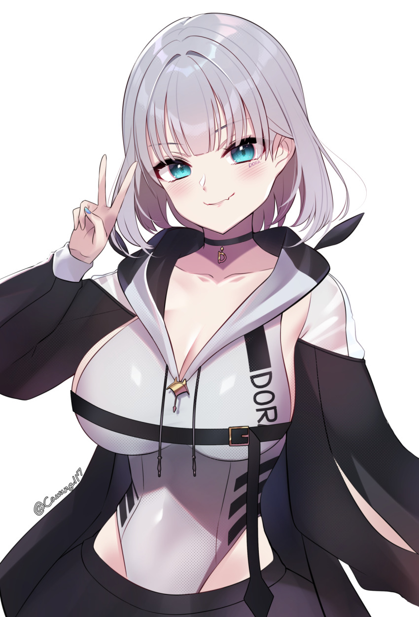 blue_eyes blush breasts cawang character_request cleavage closed_mouth copyright_request fang grey_leotard highres hooded_leotard impossible_clothes impossible_leotard large_breasts leotard long_sleeves looking_at_viewer medium_hair simple_background skin_fang smile upper_body v virtual_youtuber white_background