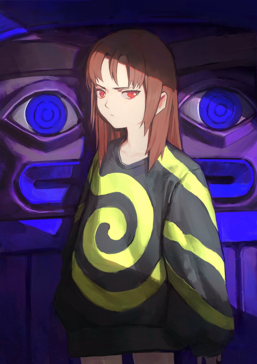 1girl absurdres arms_at_sides art_trade black_shirt black_sweater borrowed_character brown_hair closed_mouth collarbone cowboy_shot dark double-parted_bangs forehead furrowed_brow glaring green_shirt green_sweater half-closed_eyes highres light_frown light_rays long_eyelashes long_hair long_shirt long_sleeves looking_at_viewer looking_to_the_side narrowed_eyes nina_(pantsu-ripper) original puffy_long_sleeves puffy_sleeves red_eyes shirt sidelocks sleeves_past_wrists solo spiral_print sweater thick_eyelashes two-tone_shirt vertigris