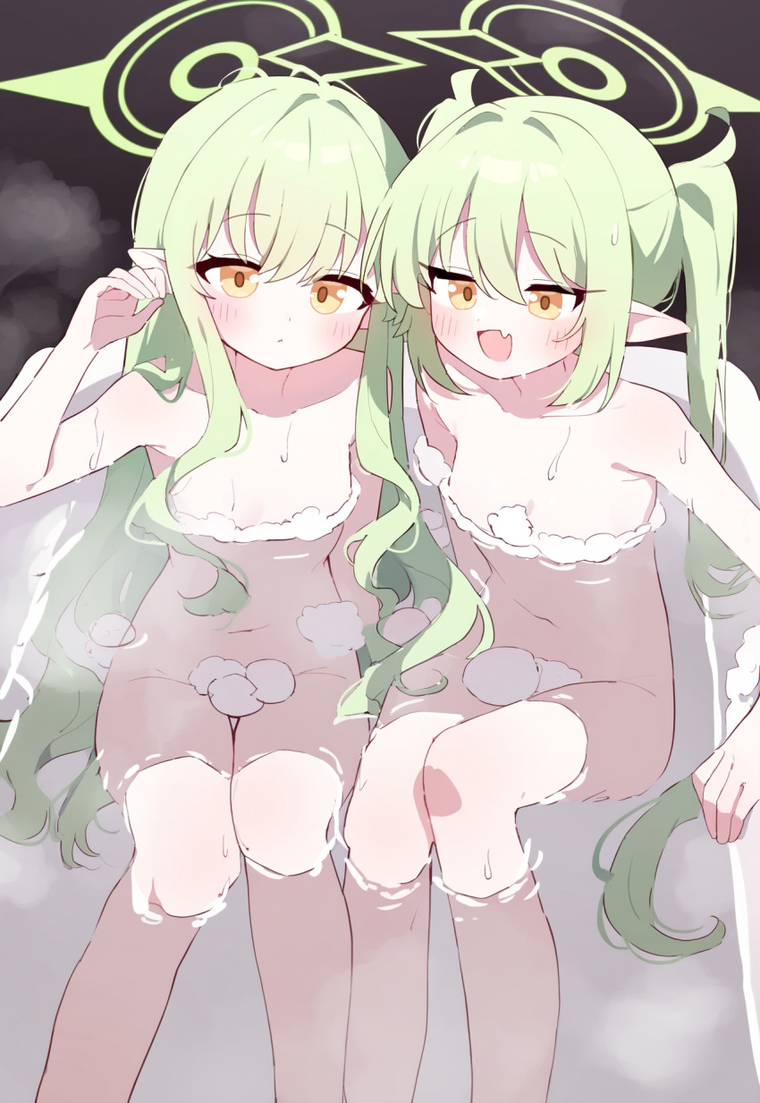 2girls arm_rest auto_ins bathing bathtub blue_archive blush breasts closed_mouth collarbone completely_nude convenient_censoring fang feet_out_of_frame green_hair green_halo hair_between_eyes halo hand_up highres hikari_(blue_archive) knees_together_feet_apart knees_up loli long_hair long_sidelocks looking_at_viewer multiple_girls navel nozomi_(blue_archive) nude open_mouth partially_submerged pointy_ears sidelocks sitting skin_fang small_breasts smile soap_bubbles soap_censor steam swept_bangs thigh_gap twintails very_long_hair water yellow_eyes