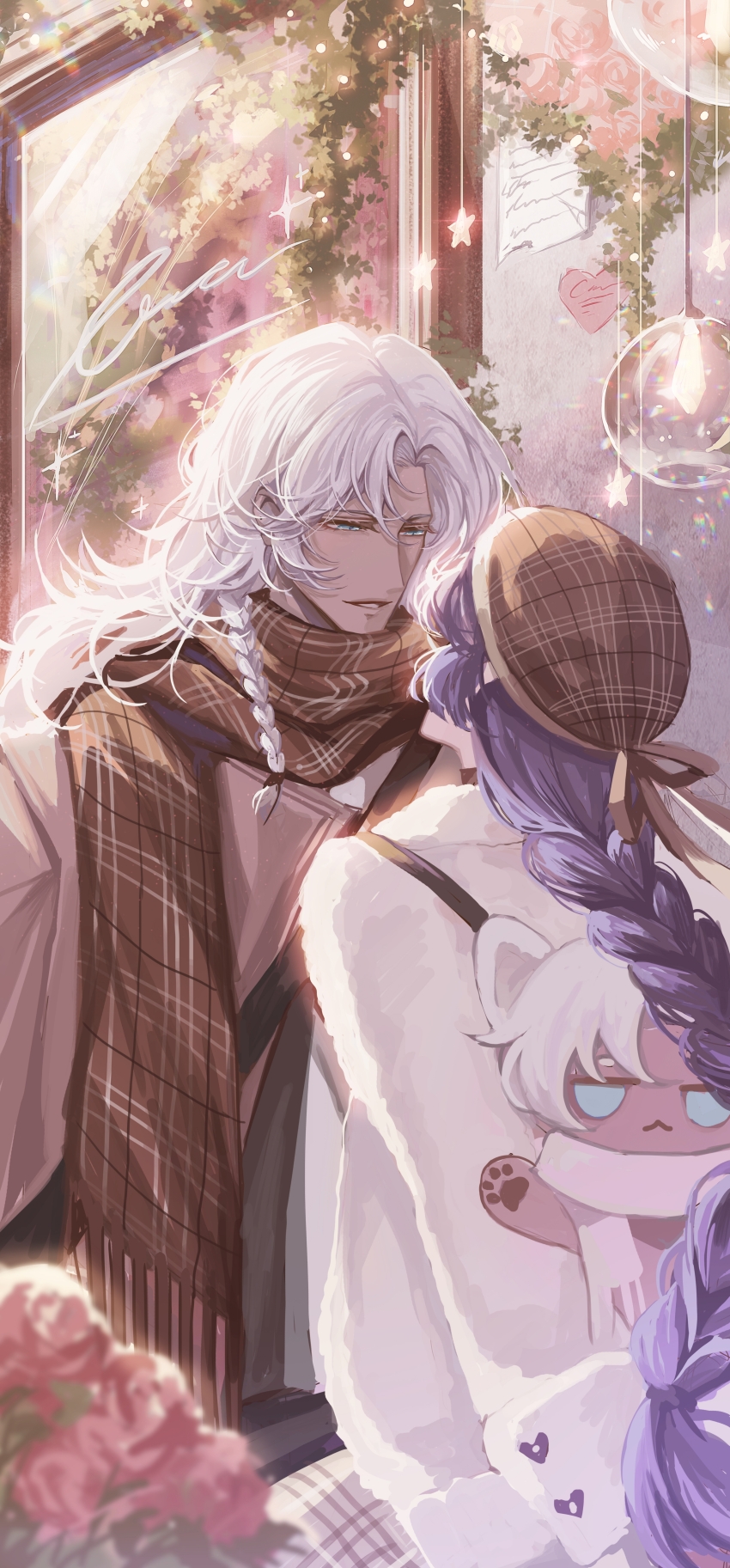 1boy 1girl absurdres alternate_costume aqua_eyes bag beret braid brown_coat brown_hat brown_scarf character_bag chinese_commentary coat couple curtained_hair dark-skinned_male dark_skin eye_contact facing_away flower fur_jacket hanging_light hat heroine_(lovebrush_chronicles) hetero highres jacket lars_rorschach light_particles light_smile long_hair long_sleeves looking_at_another lovebrush_chronicles mobile nil_lars parted_bangs parted_lips plaid_clothes plaid_scarf plant purple_hair red_flower red_rose rose scarf shoulder_bag side_braid single_braid snow234 upper_body vines white_hair white_jacket