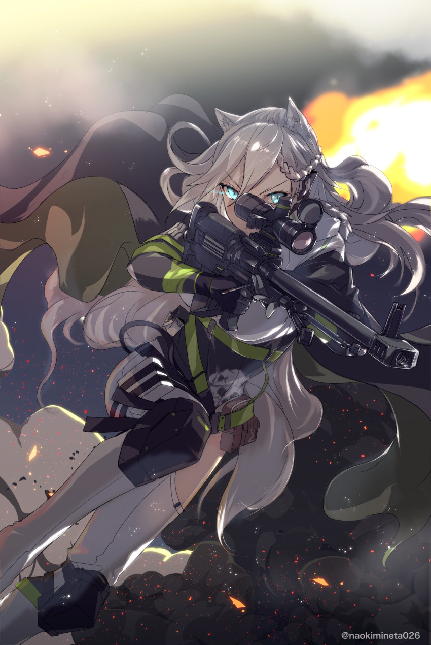 1girl aiming animal_ears anti-materiel_rifle black_cape blue_eyes bolt_action braid cape embers girls&#039;_frontline green_cape gun highres holding holding_gun holding_weapon ksvk_(girls&#039;_frontline) ksvk_12.7 long_hair mineta_naoki rifle scope smoke sniper_rifle solo twitter_username two-tone_cape weapon white_hair