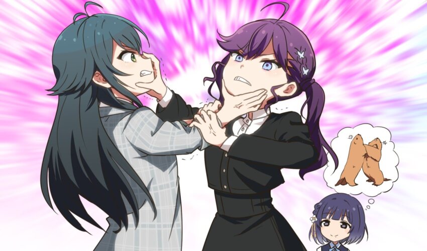3girls ahoge antenna_hair black_jacket black_skirt catfight cheek_squash clenched_teeth coat commentary_request gakuen_idolmaster gokugetsu_academy_school_uniform green_hair grey_coat hair_flaps hataya_misuzu hatsuboshi_gakuen_school_uniform high-waist_skirt holding_another&#039;s_wrist idolmaster imagining jacket kaya_rinha kidachi long_sleeves looking_at_another marmot multiple_girls purple_hair school_uniform skirt speech_bubble syngup!_(idolmaster) teeth thought_bubble tsukimura_temari veins veiny_hands