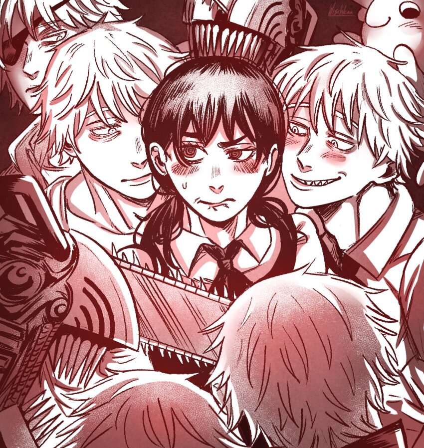 1girl 6+boys @_@ chainsaw chainsaw_man commentary denji_(chainsaw_man) english_commentary eyepatch fourth_east_high_school_uniform frown greyscale grin highres mitaka_asa monochrome multiple_boys multiple_persona pochita_(chainsaw_man) raised_eyebrow school_uniform sepia sharp_teeth smile teeth wischkaa