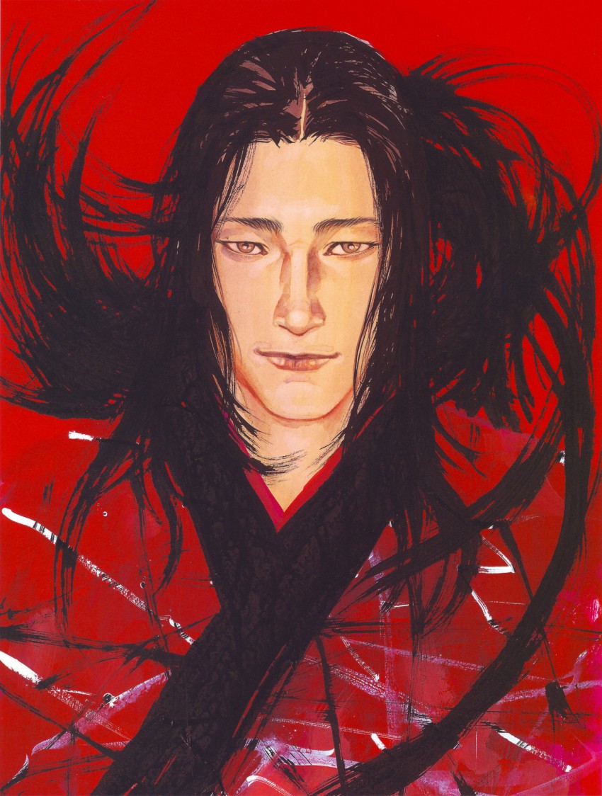 1boy absurdres highres inoue_takehiko long_hair male_focus ponytail red_background red_theme sasaki_kojirou scan solo traditional_media vagabond