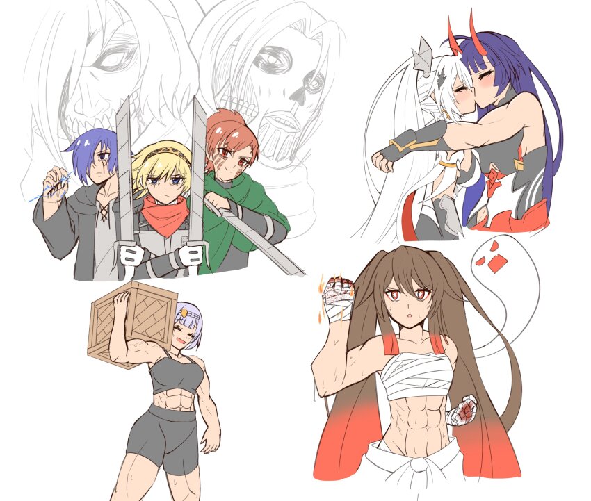 abs absurdres aigis_(persona) armin_arlert_(cosplay) bandaged_hand bandages black_jacket blonde_hair blood blue_eyes blue_hair brown_hair cape cosplay doodle eren_yeager_(cosplay) genshin_impact green_cape highres honkai_(series) honkai_impact_3rd hu_tao_(genshin_impact) inoue_marina jacket kiana_kaslana kiana_kaslana_(herrscher_of_flamescion) kiss mark_on_face mikasa_ackerman_(cosplay) muscular muscular_female noelle_(genshin_impact) orpheus_(persona) persona persona_3 purple_hair raiden_mei raiden_mei_(herrscher_of_thunder) red_eyes red_scarf scarf shingeki_no_kyojin shiomi_kotone survey_corps_(emblem) sword titan_(shingeki_no_kyojin) twintails veins veiny_arms voice_actor_connection weapon white_hair yukiart_83 yuri yuuki_makoto_(persona_3)