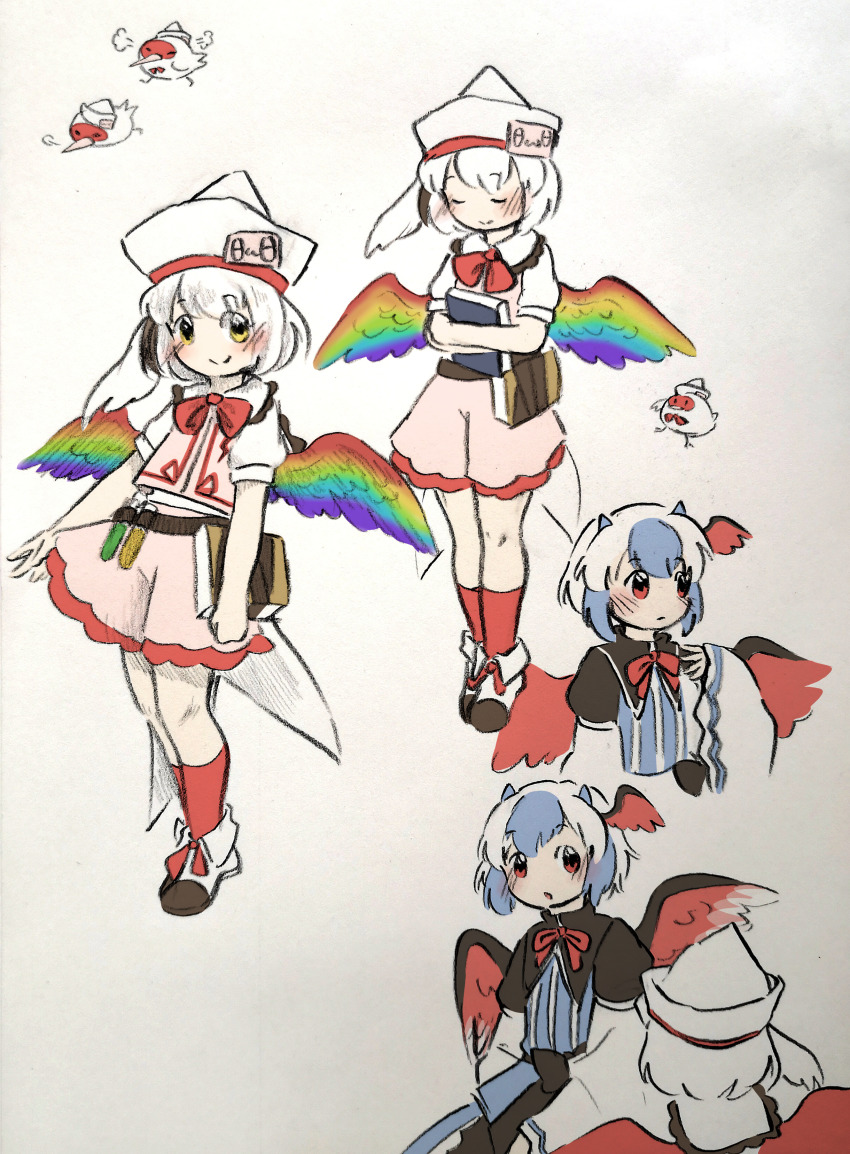 2girls absurdres animalization baila_kuangzi bird black_hair blue_hair book bow bowtie chinese_commentary closed_eyes closed_mouth collared_shirt commentary_request hat head_wings highres holding holding_book hollow_song_of_birds horns long_sleeves multicolored_hair multiple_girls multiple_views neck_ribbon no_nose pink_shorts pink_vest puffy_short_sleeves puffy_sleeves red_bow red_bowtie red_eyes red_ribbon red_socks ribbon shirt shoes short_hair short_sleeves shorts simple_background smile socks tokiko_(touhou) torisumi_horou touhou vest white_background white_hair white_headwear white_shirt white_shoes wings yellow_eyes