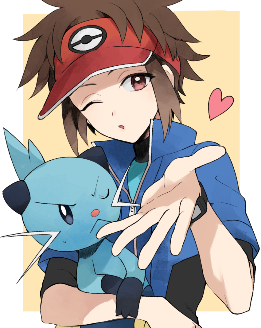 1boy blowing_kiss blue_jacket bodysuit bodysuit_under_clothes border bracelet brown_eyes brown_hair commentary_request dewott gen_5_pokemon heart highres holding holding_pokemon jacket jewelry looking_at_viewer male_focus nate_(pokemon) nintendo outside_border pokemon pokemon_(creature) pokemon_adventures red_headwear short_hair visor_cap white_border yellow_background yukin_(es) zipper_pull_tab