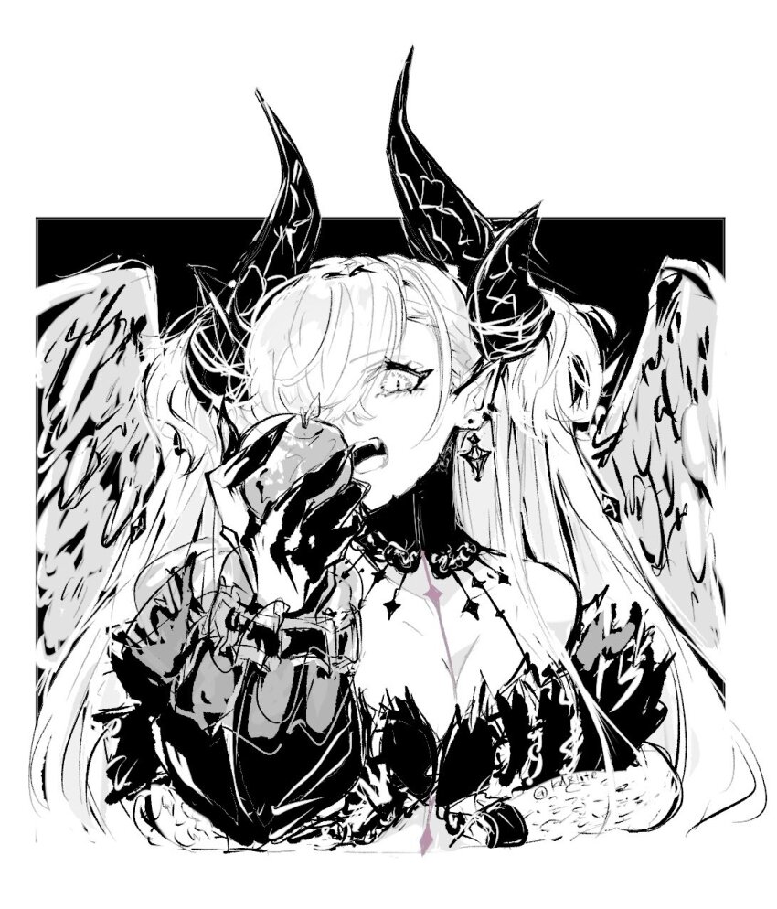 1girl apple breasts cleavage earrings eating fang fate/grand_order fate_(series) food fruit hair_over_one_eye highres holding holding_food holding_fruit horns jewelry lilith_(fate) lilith_(third_ascension)_(fate) long_hair pointy_ears sodamachi twitter_username wings