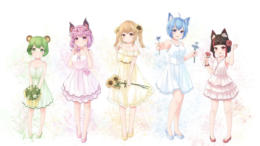 5girls absurdres aged_down animal_ears animare bad_id bad_pixiv_id bat_ears bear_ears black_hair blue_dress blue_eyes blue_flower blue_hair blush bracelet breasts brown_hair cat_ears cleavage closed_mouth collarbone commentary dog_ears dress dress_flower floral_background flower flower_bracelet flower_request frilled_dress frills green_dress green_eyes green_flower green_hair hair_flower hair_ornament highres hinokuma_ran holding holding_flower inaba_haneru_(animare) inari_kuromu jewelry looking_at_viewer maka_neko multicolored_hair multiple_girls nanashi_inc. open_mouth pink_dress pink_flower purple_eyes purple_hair rabbit_ears red_eyes red_flower red_hair rose shoes short_hair smile souya_ichika streaked_hair sunflower umori_hinako virtual_youtuber white_dress yellow_dress yellow_eyes yellow_flower