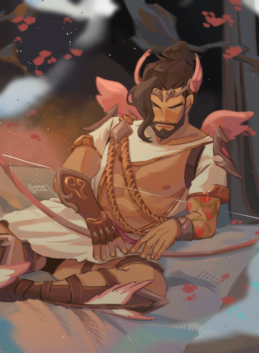 1boy abs absurdres akairosu ancient_greek_clothes arrow_(projectile) asian bara bare_pectorals beard blush boots bow_(weapon) brown_hair cupid cupid_hanzo dark-skinned_male dark_skin facial_hair feet_out_of_frame flower_tattoo frown greco-roman_clothes hanzo_(overwatch) highres holding holding_bow_(weapon) holding_weapon large_pectorals magical_boy male_focus manspreading mature_male muscular muscular_male nipples official_alternate_costume overwatch pectorals pink_wings rope short_hair sitting solo tattoo thick_eyebrows tree valentine weapon wings