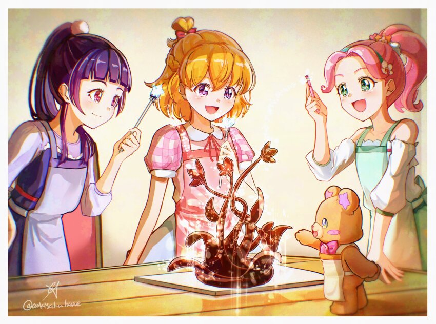 3girls aoi_hane apron aqua_apron aqua_eyes aqua_hairband asahina_mirai blonde_hair blue_skirt blush braid closed_mouth dress fairy flower green_skirt hair_flower hair_ornament hairband half_up_braid hanami_kotoha highres izayoi_liko long_hair mahou_girls_precure! medium_hair mofurun_(mahou_girls_precure!) multiple_girls off-shoulder_shirt off_shoulder open_mouth pink_eyes pink_hair pink_shirt ponytail precure puffy_short_sleeves puffy_sleeves purple_apron purple_dress purple_eyes purple_hair red_apron shirt short_sleeves signature skirt smile stuffed_animal stuffed_toy teddy_bear twitter_username white_shirt