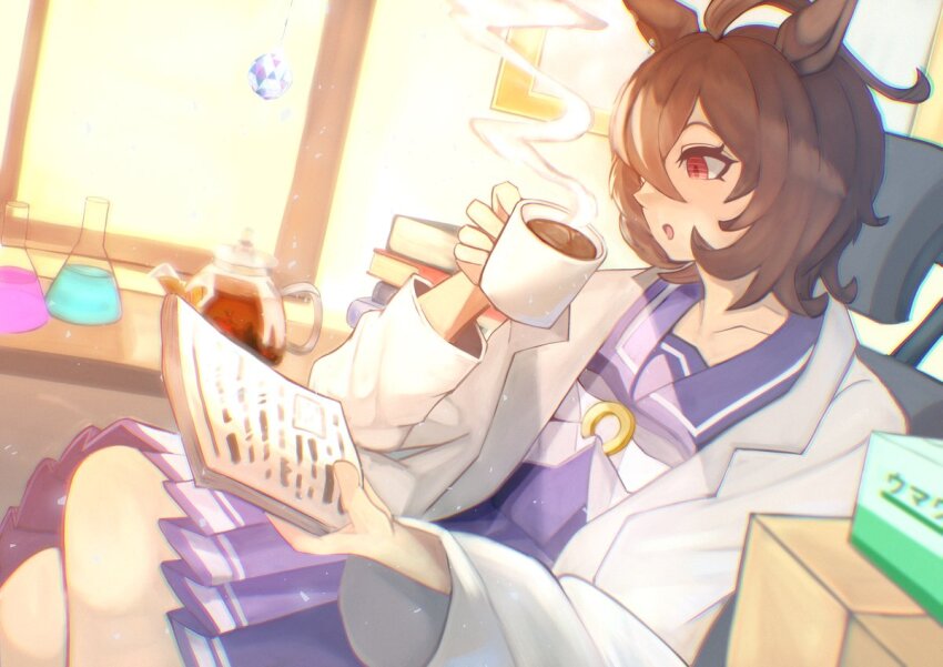 1girl agnes_tachyon_(umamusume) ahoge animal_ears beaker blush book book_stack bow bowtie brown_hair chair chemicals coat coffee collarbone crossed_legs cup earrings hair_between_eyes holding holding_cup holding_paper horse_ears horse_girl huge_ahoge iko_(saikoro_k0702) jewelry kettle lab_coat long_sleeves medium_hair open_clothes open_coat open_mouth paper purple_sailor_collar purple_serafuku purple_shirt purple_skirt red_eyes sailor_collar sailor_shirt school_uniform serafuku shirt single_earring sitting skirt solo steaming_cup tracen_school_uniform umamusume white_bow white_bowtie white_coat