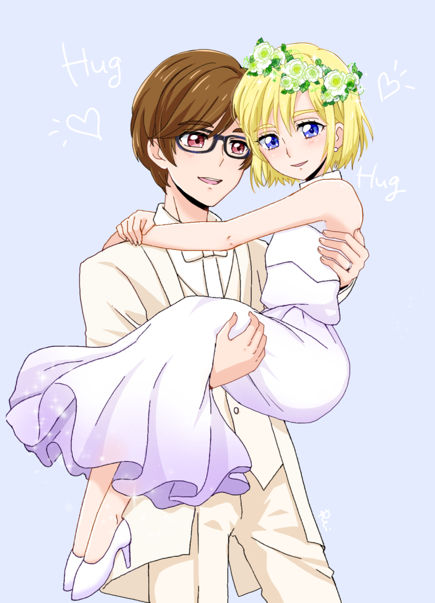 2boys aisaki_masato bad_id bad_pixiv_id bishounen blonde_hair bride brown_hair carrying couple crossdressing dress flower flower_wreath formal_clothes glasses head_wreath high_heels highres hugtto!_precure husband_and_husband jewelry looking_at_viewer male_bride male_focus multiple_boys precure princess_carry purple_eyes red_eyes reira_(reomimi0211) ring suit trap wakamiya_henri wedding wedding_dress wedding_ring white_suit wreath yaoi